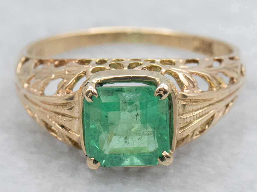 Antique Gold Filigree Emerald Solitaire Ring