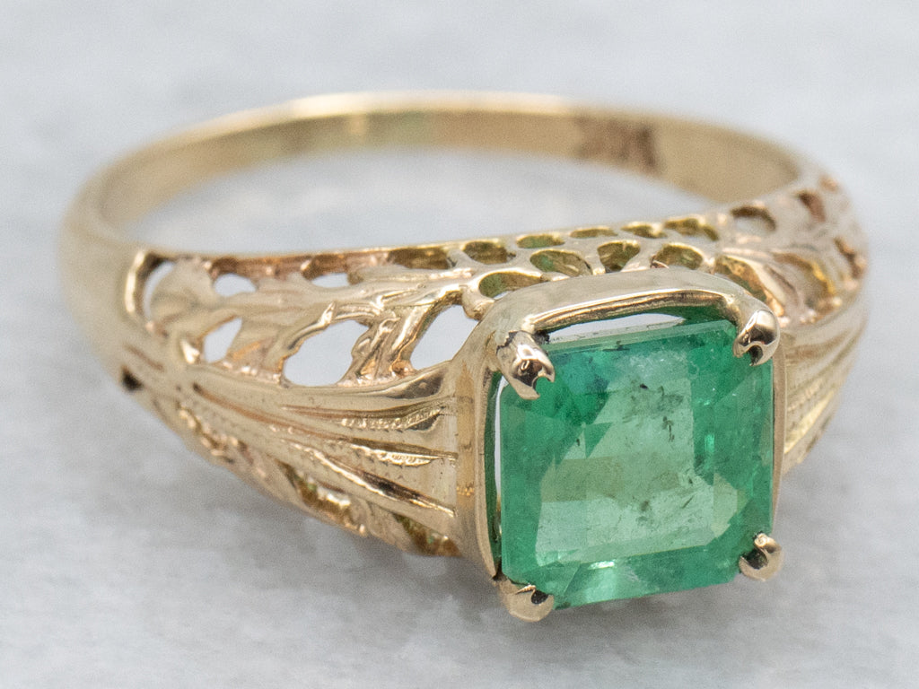Antique Gold Filigree Emerald Solitaire Ring