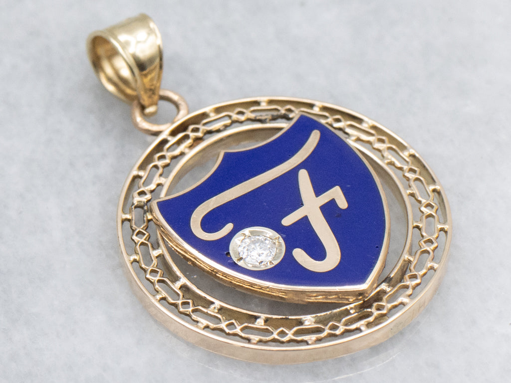 Vintage Gold Enamel and Diamond "F" Initial Pendant