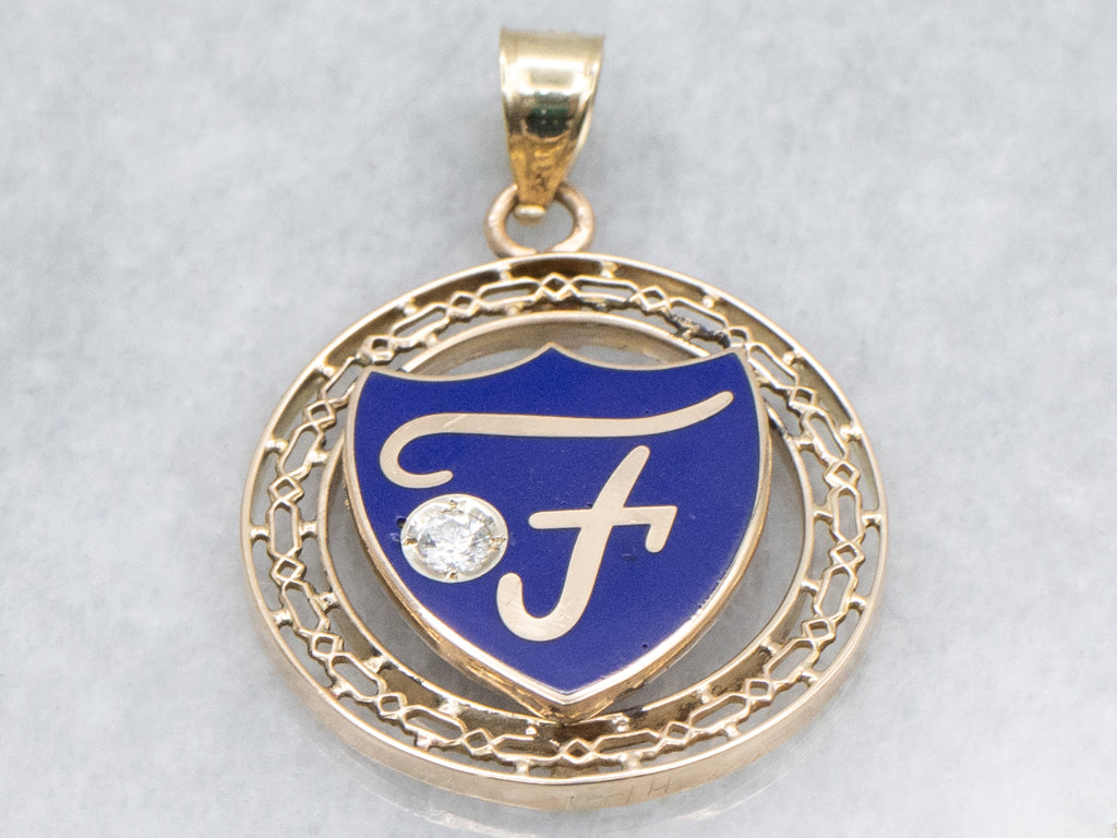 Vintage Gold Enamel and Diamond "F" Initial Pendant