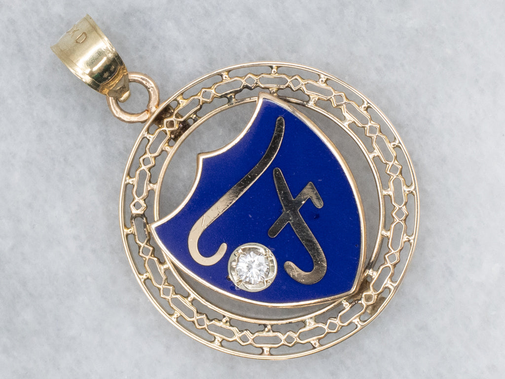 Vintage Gold Enamel and Diamond "F" Initial Pendant