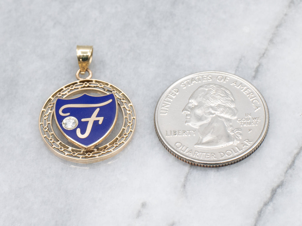 Vintage Gold Enamel and Diamond "F" Initial Pendant