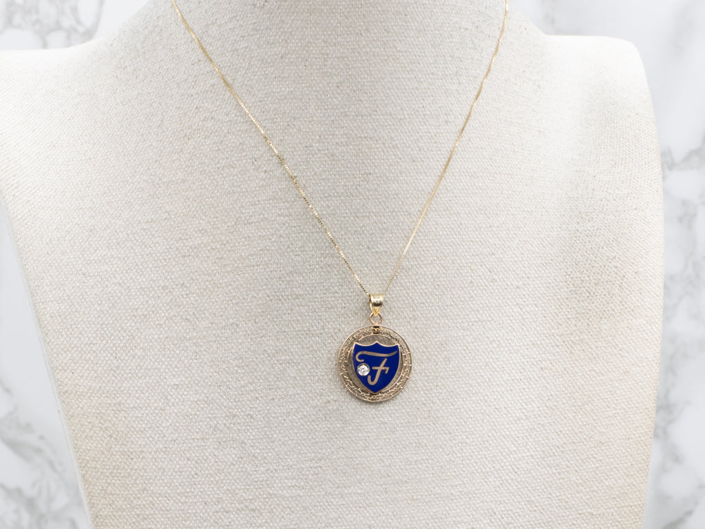 Vintage Gold Enamel and Diamond "F" Initial Pendant