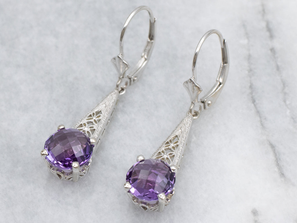 Floral Filigree White Gold Amethyst Drop Earrings