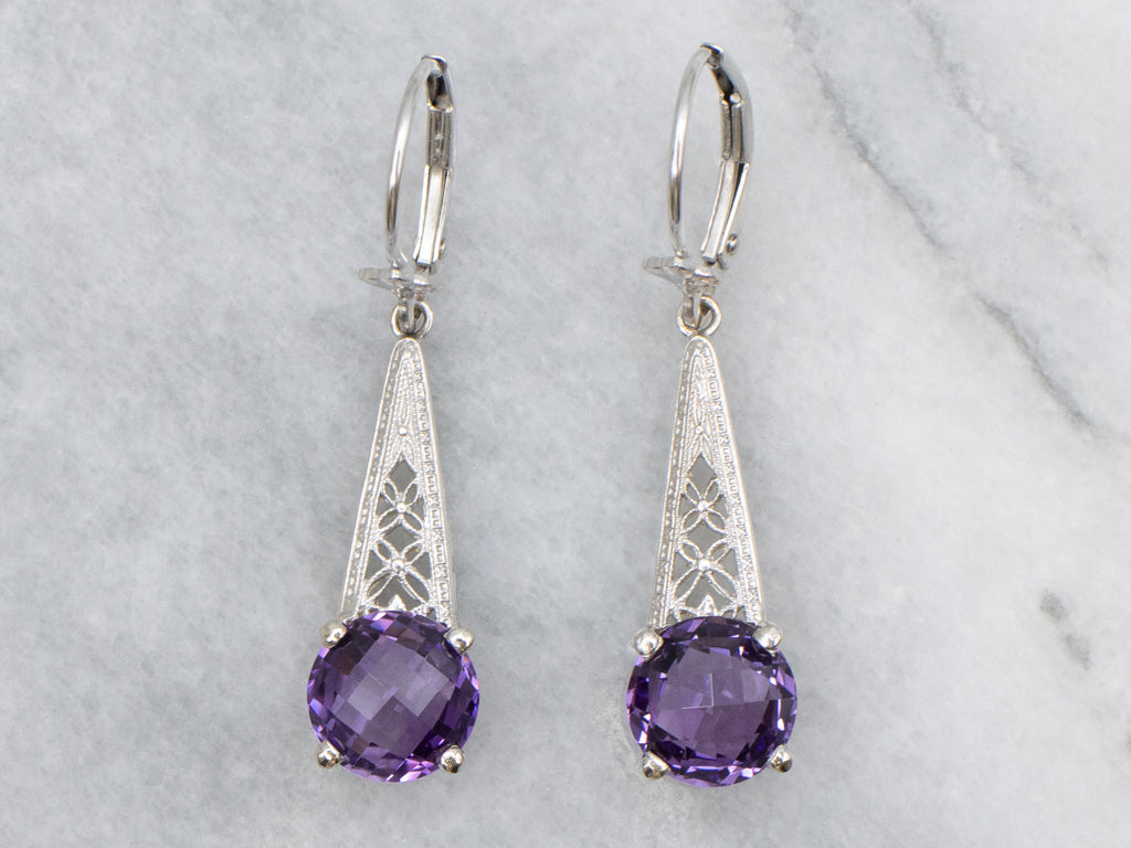 Floral Filigree White Gold Amethyst Drop Earrings