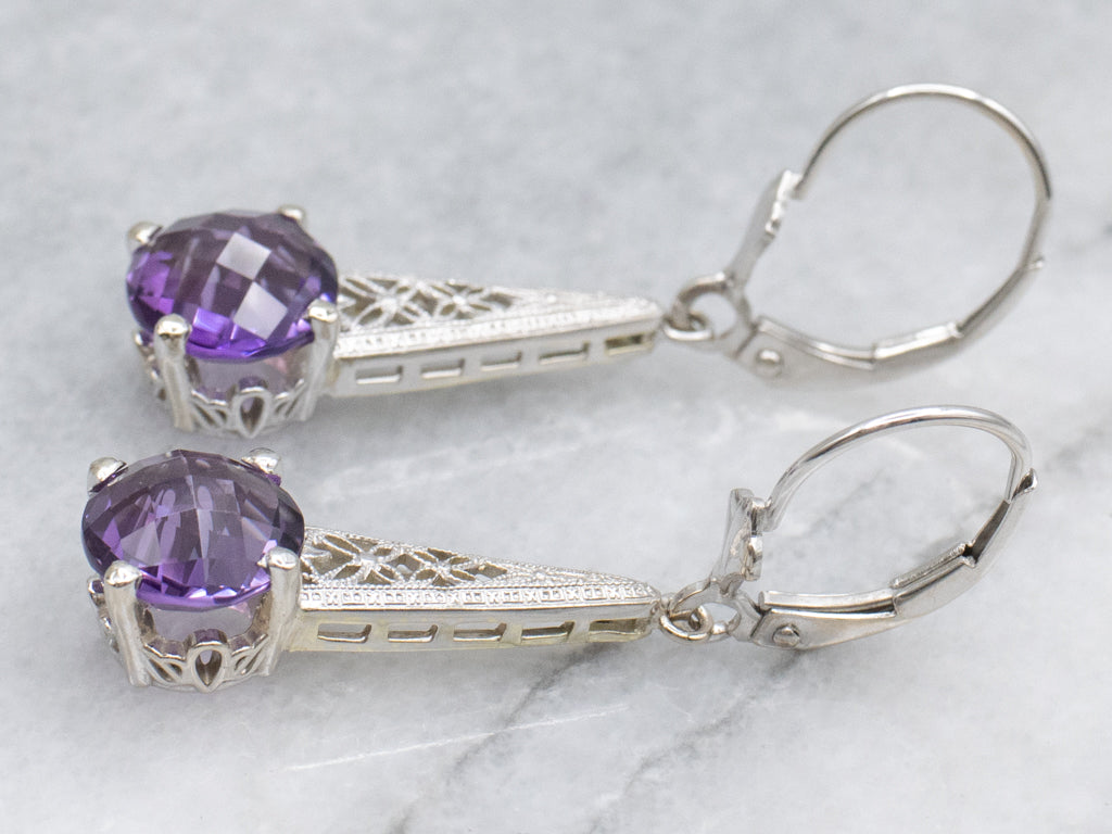 Floral Filigree White Gold Amethyst Drop Earrings