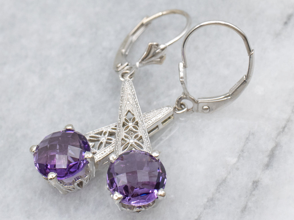 Floral Filigree White Gold Amethyst Drop Earrings