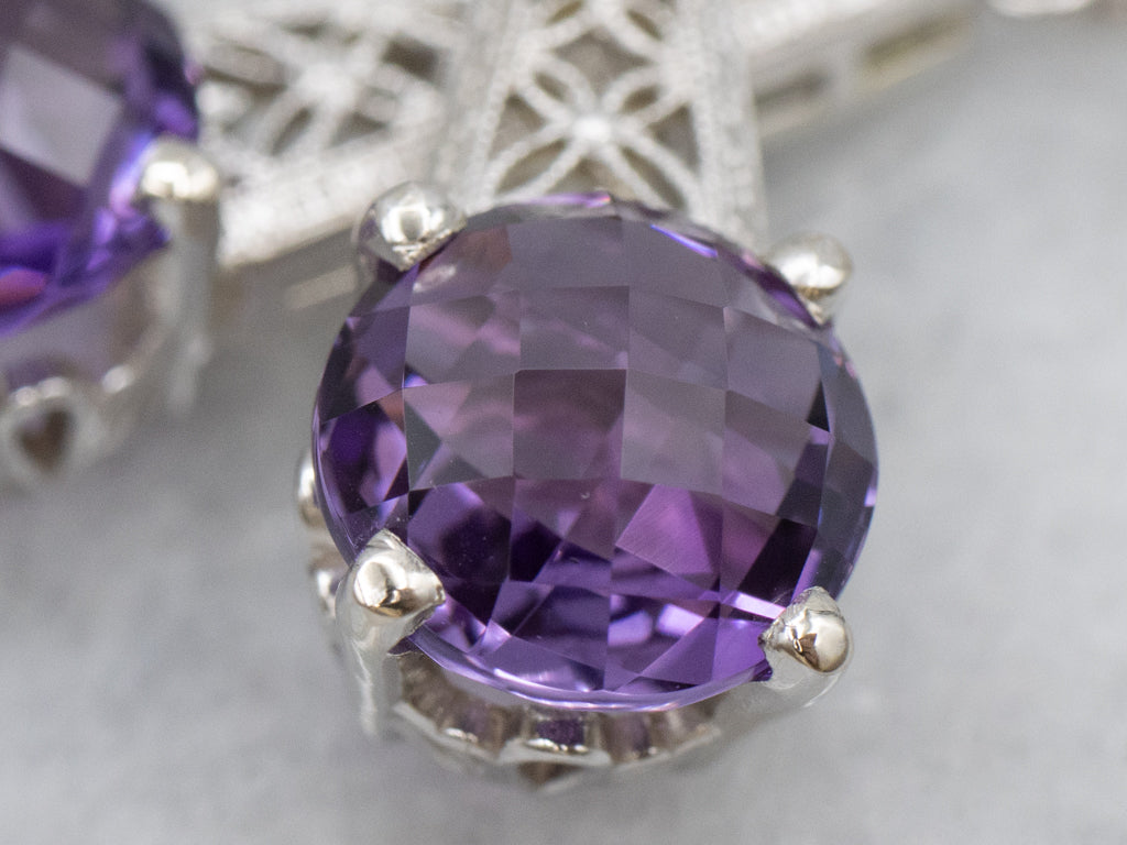 Floral Filigree White Gold Amethyst Drop Earrings