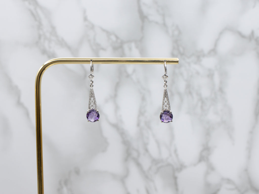 Floral Filigree White Gold Amethyst Drop Earrings