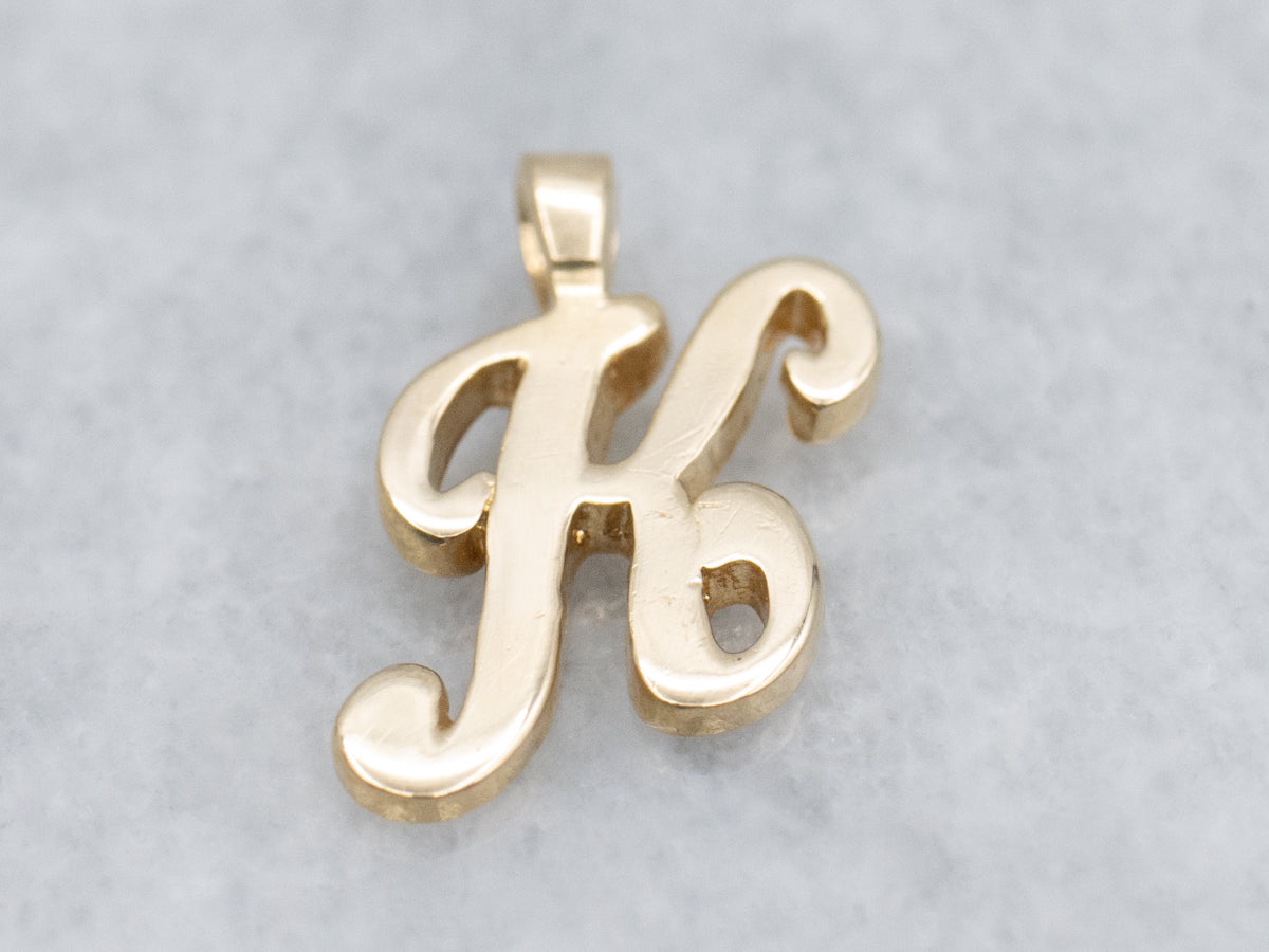 Cursive Initial "K" Yellow Gold Charm Pendant