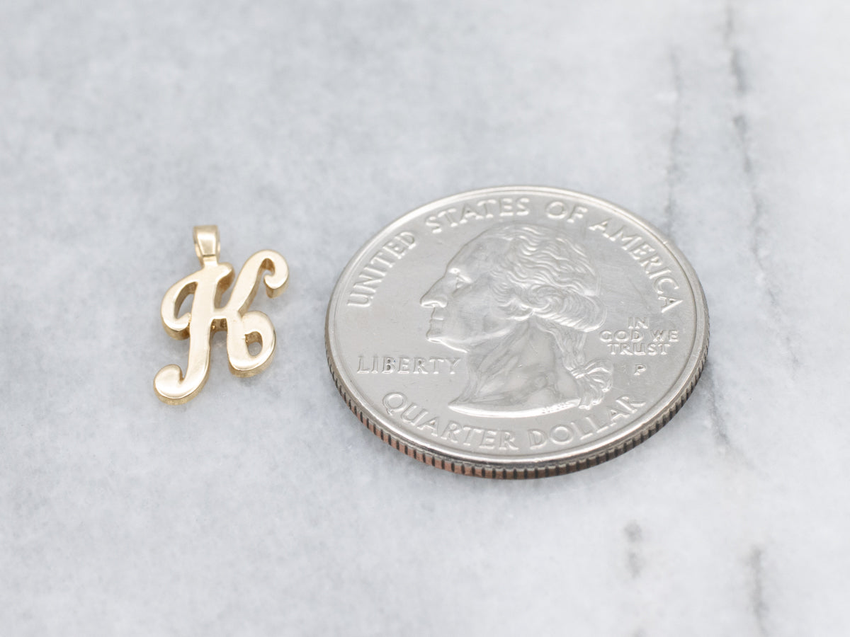 Cursive Initial "K" Yellow Gold Charm Pendant