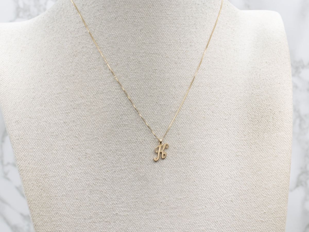 Cursive Initial "K" Yellow Gold Charm Pendant