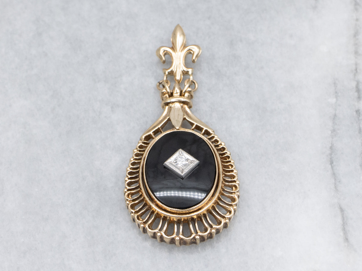 Vintage Black Onyx and Diamond Fleur de Lis Drop Pendant