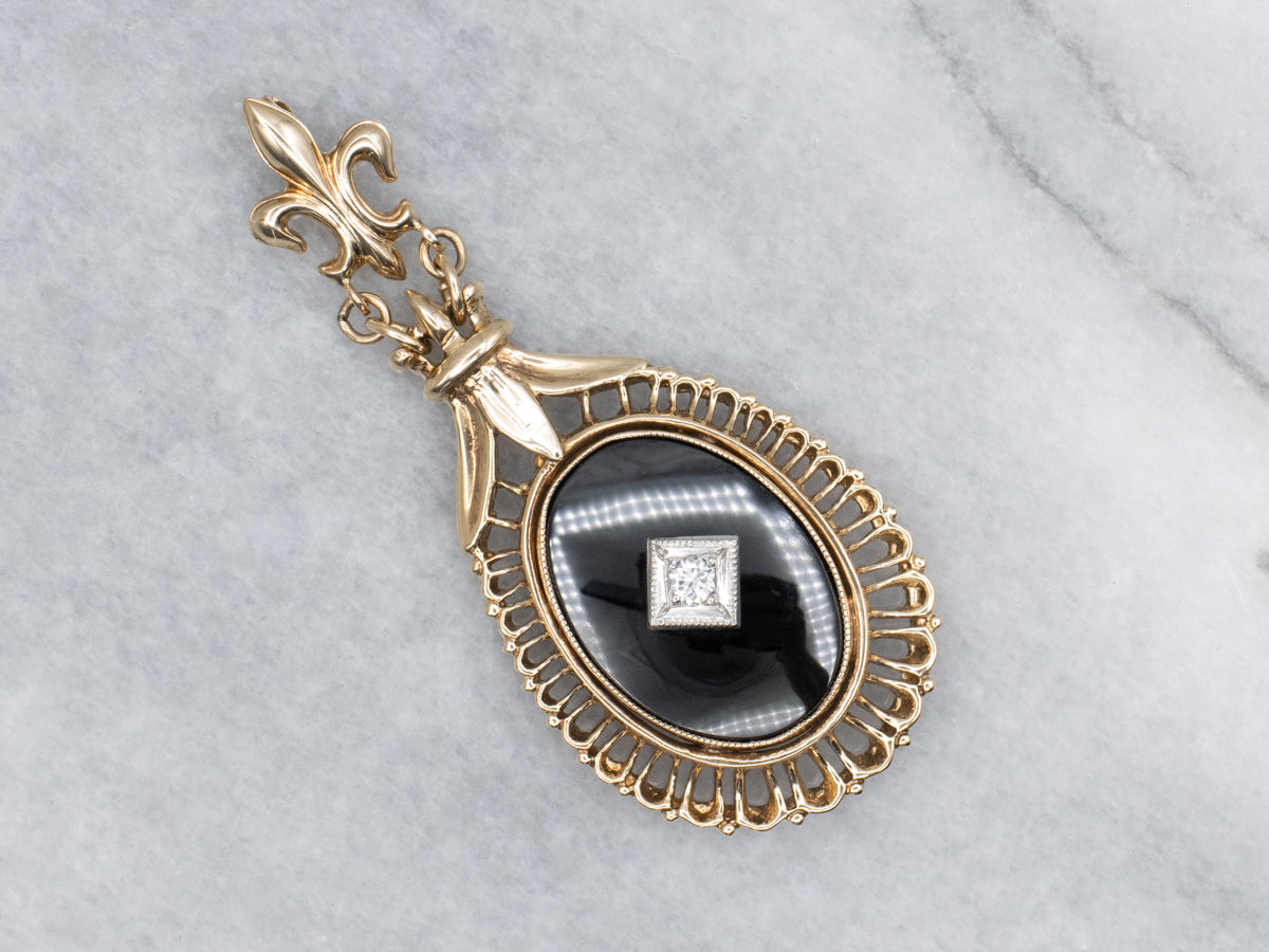 Vintage Black Onyx and Diamond Fleur de Lis Drop Pendant