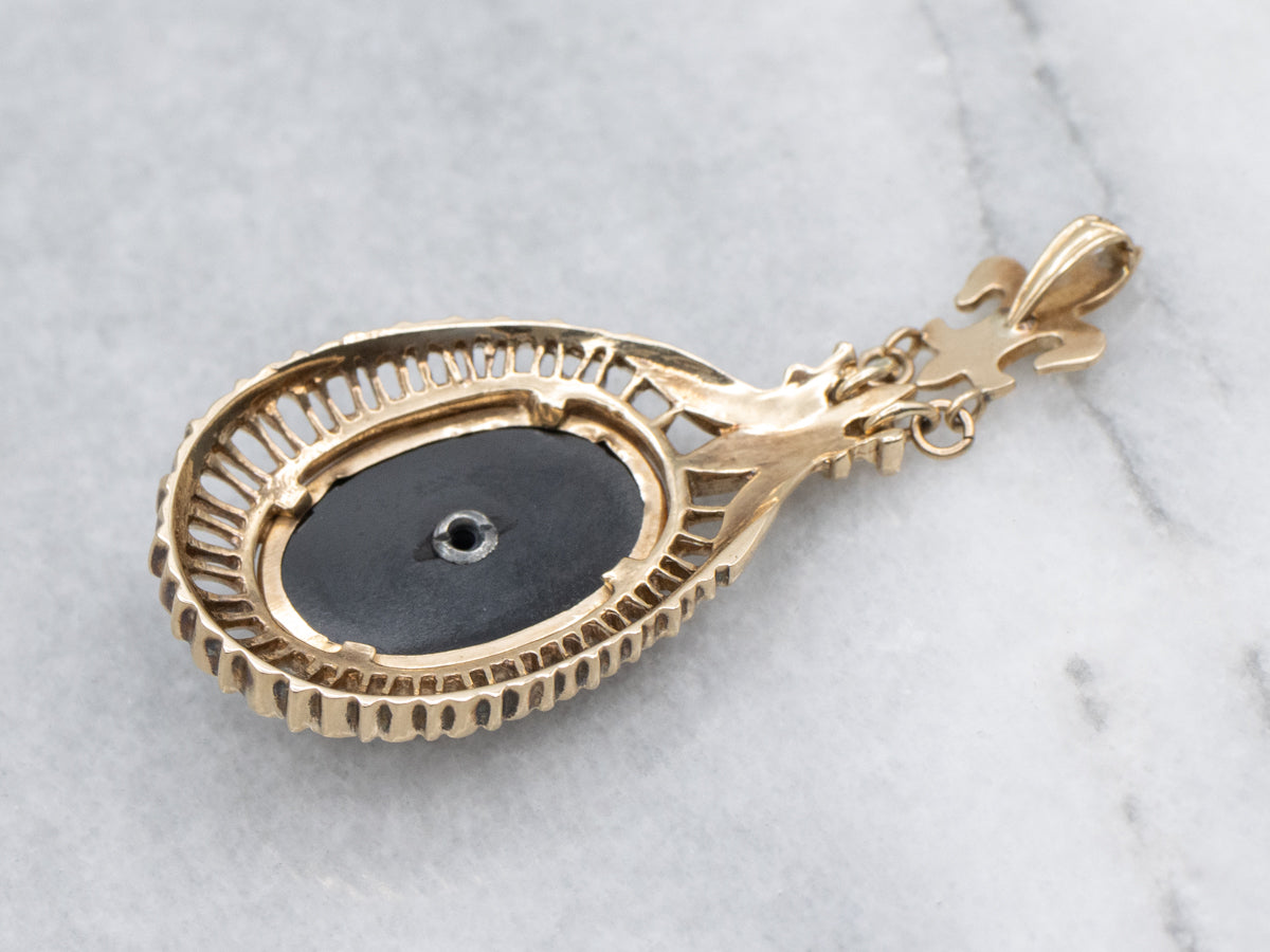 Vintage Black Onyx and Diamond Fleur de Lis Drop Pendant