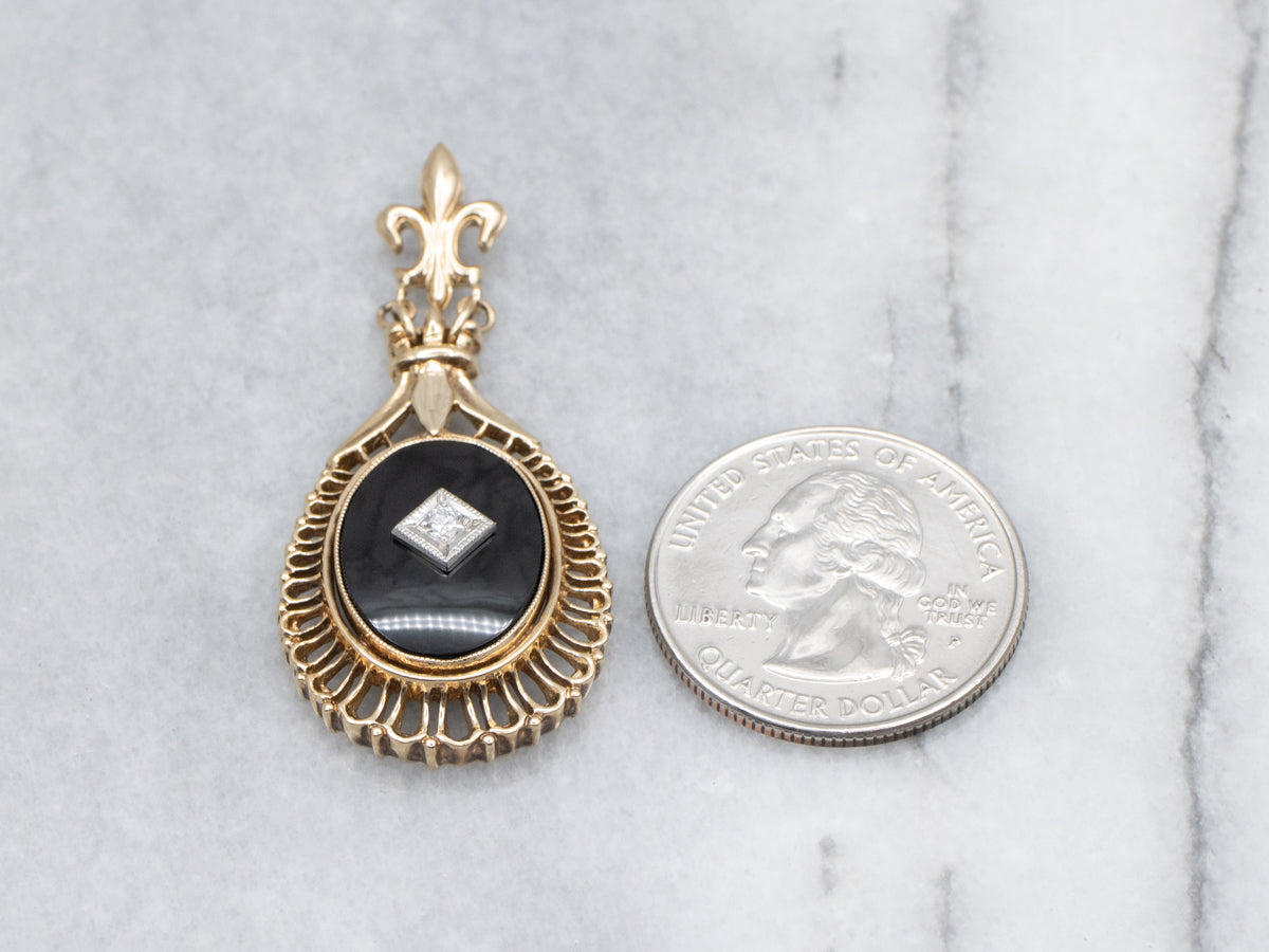 Vintage Black Onyx and Diamond Fleur de Lis Drop Pendant
