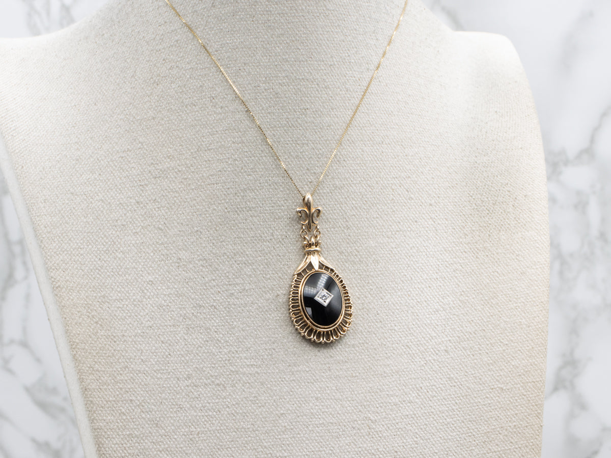 Vintage Black Onyx and Diamond Fleur de Lis Drop Pendant