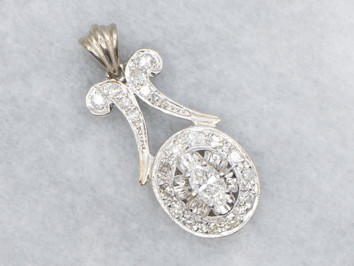 Floral Marquise-Cut Diamond Halo Drop Pendant