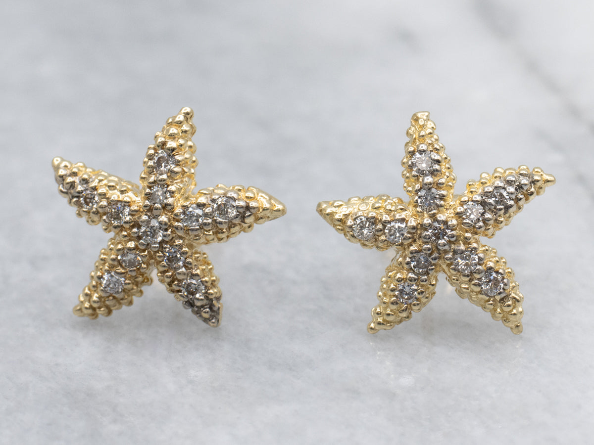 Textured Gold Starfish Diamond Stud Earrings