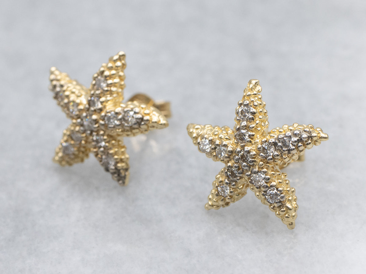 Textured Gold Starfish Diamond Stud Earrings