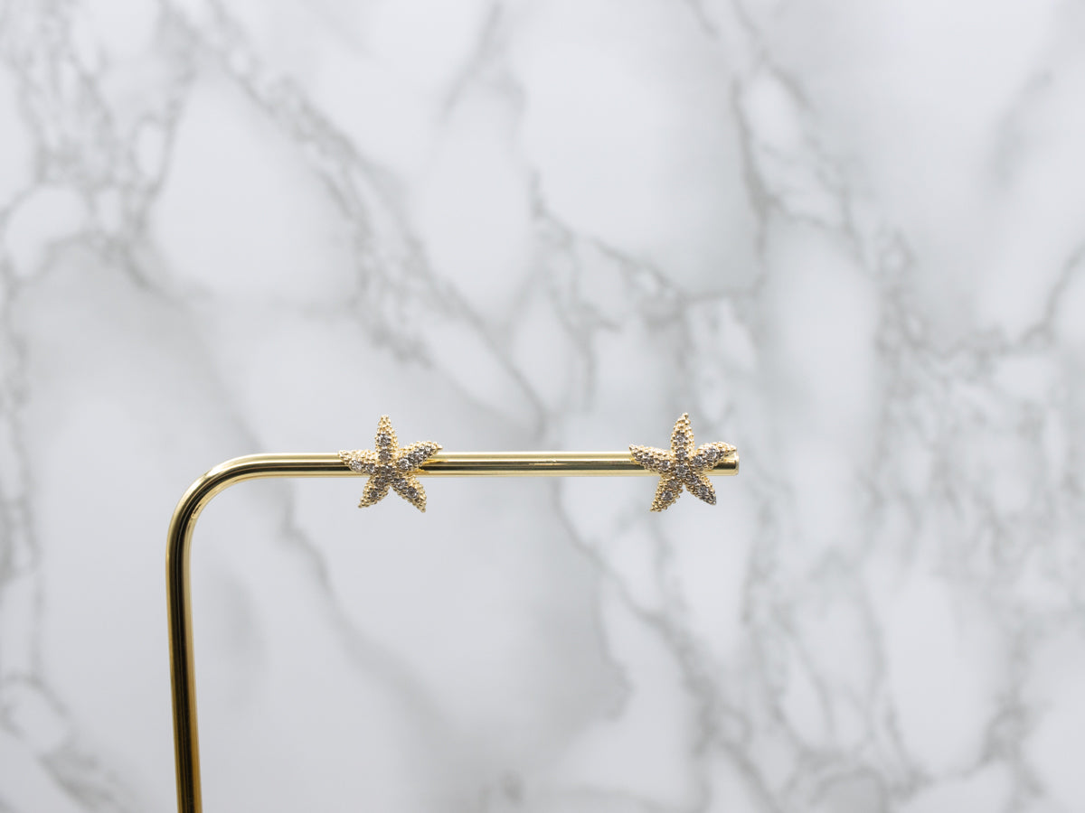 Textured Gold Starfish Diamond Stud Earrings