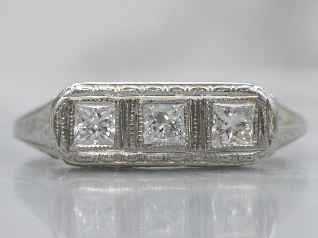 1920s Three Stone Diamond Ring with Hand Engravings