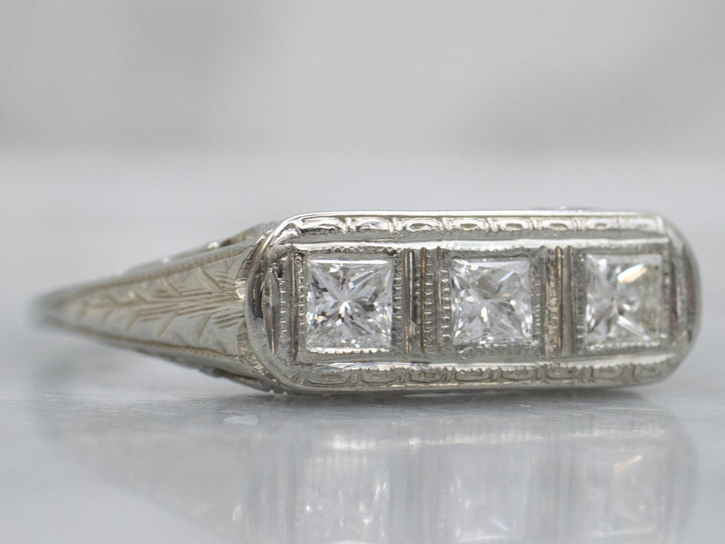 1920s Three Stone Diamond Ring with Hand Engravings