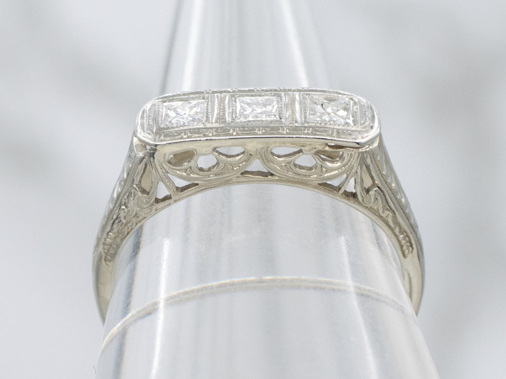 1920s Three Stone Diamond Ring with Hand Engravings