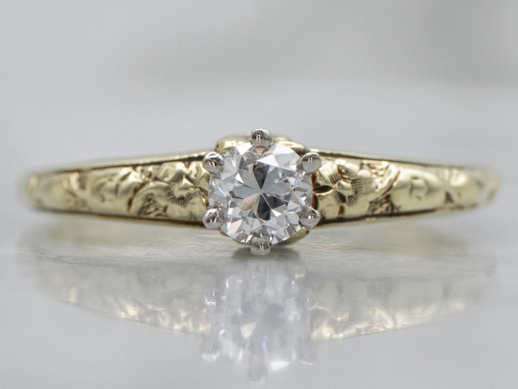 European Cut Diamond Solitaire Antique Engagement Ring with Forget Me Not Floral Detail