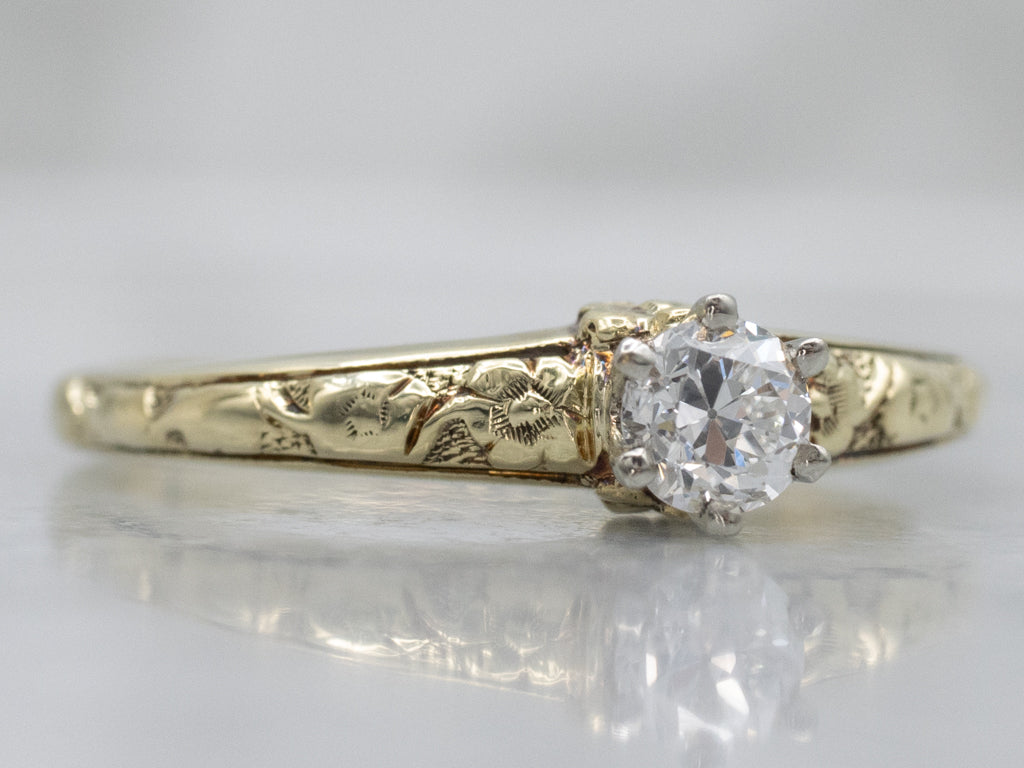 European Cut Diamond Solitaire Antique Engagement Ring with Forget Me Not Floral Detail