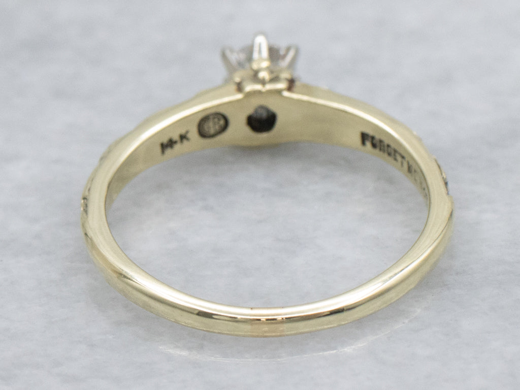 European Cut Diamond Solitaire Antique Engagement Ring with Forget Me Not Floral Detail