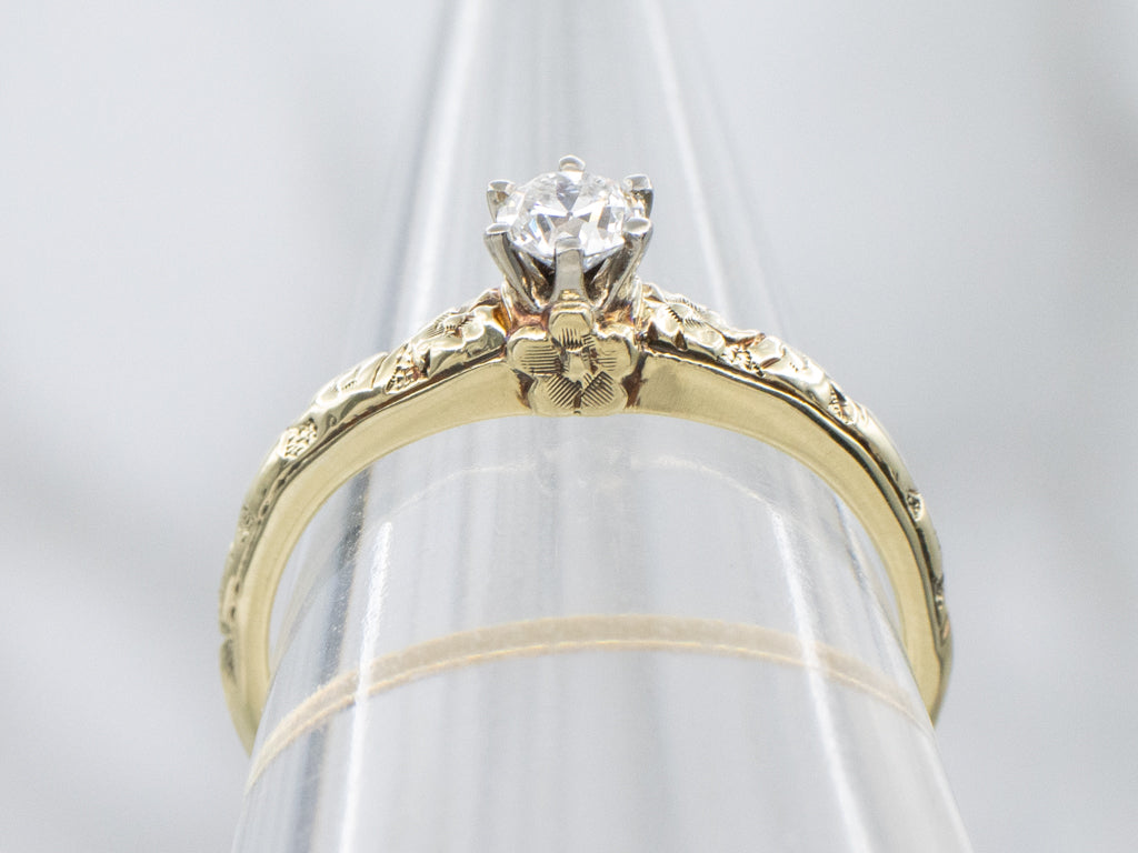 European Cut Diamond Solitaire Antique Engagement Ring with Forget Me Not Floral Detail