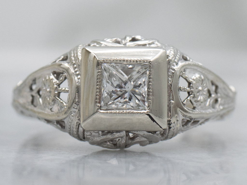 White Gold Floral Filigree Antique Princess Cut Diamond Engagement Ring