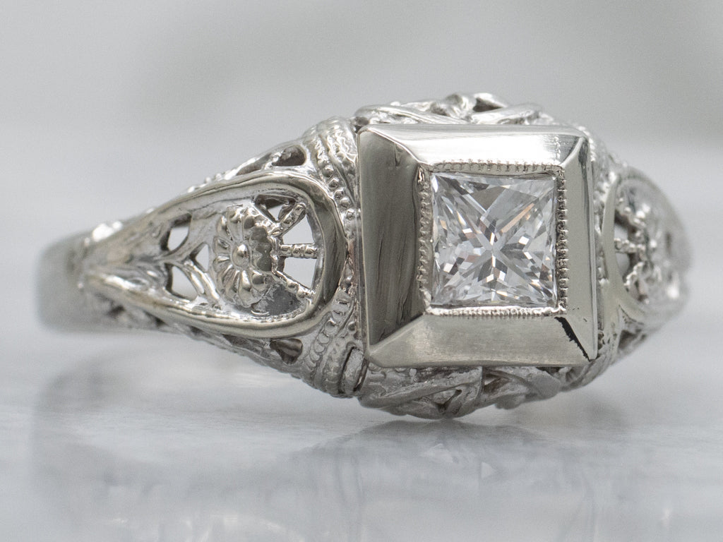 White Gold Floral Filigree Antique Princess Cut Diamond Engagement Ring