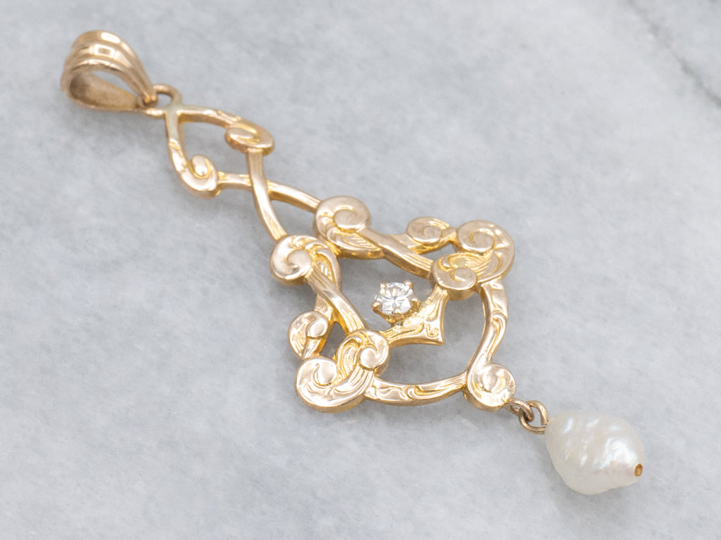 Antique Diamond and Pearl Drop Gold Lavalier Pendant
