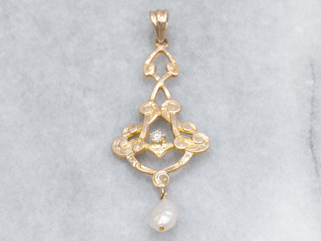 Antique Diamond and Pearl Drop Gold Lavalier Pendant