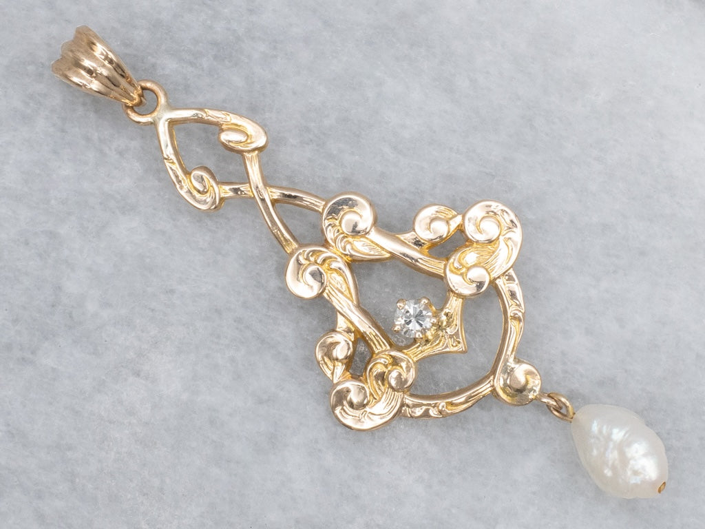 Antique Diamond and Pearl Drop Gold Lavalier Pendant
