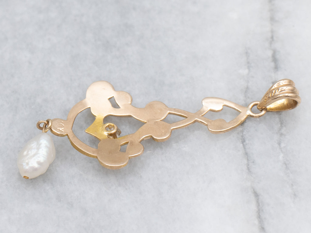 Antique Diamond and Pearl Drop Gold Lavalier Pendant