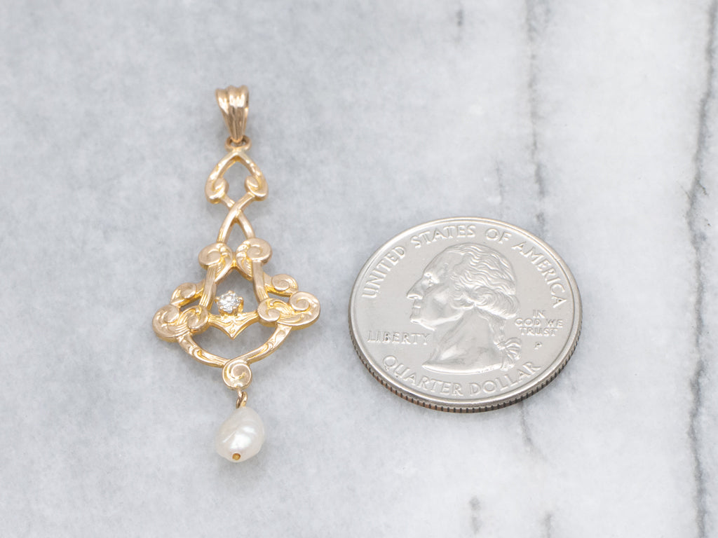 Antique Diamond and Pearl Drop Gold Lavalier Pendant