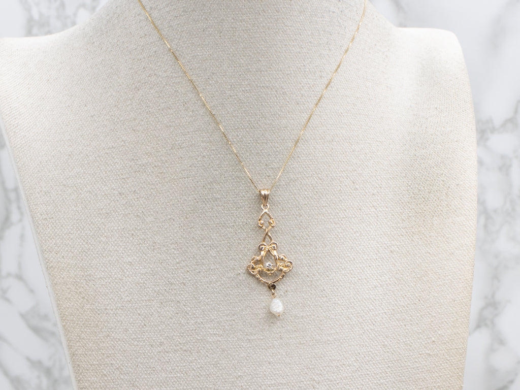 Antique Diamond and Pearl Drop Gold Lavalier Pendant