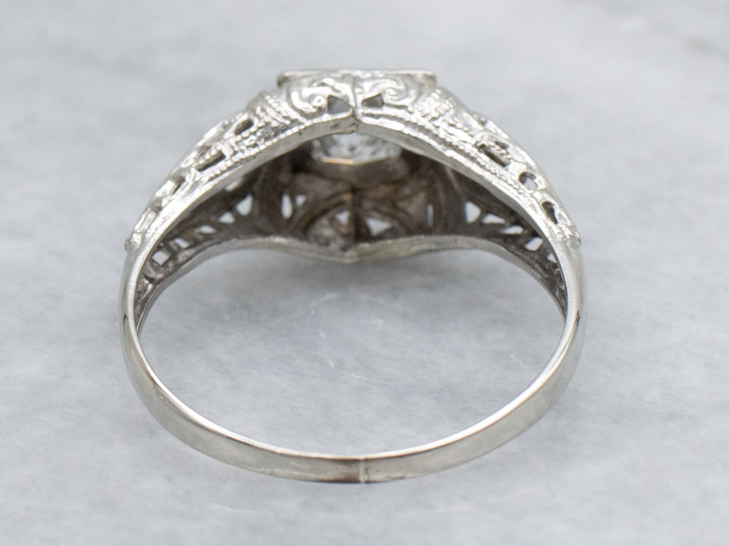 White Gold Floral Filigree Antique Princess Cut Diamond Engagement Ring