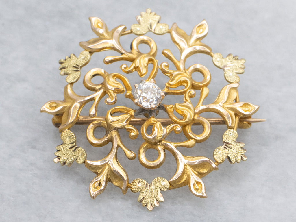 Art Nouveau Old Mine Cut Diamond Yellow and Green Gold Wreath Pin