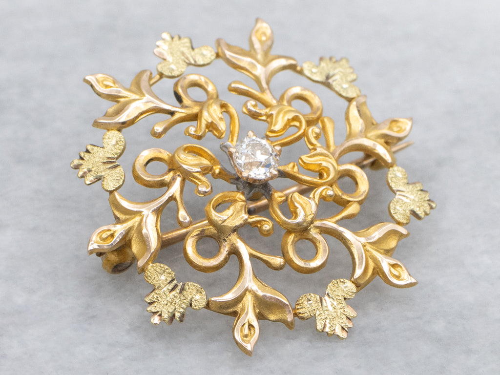 Art Nouveau Old Mine Cut Diamond Yellow and Green Gold Wreath Pin