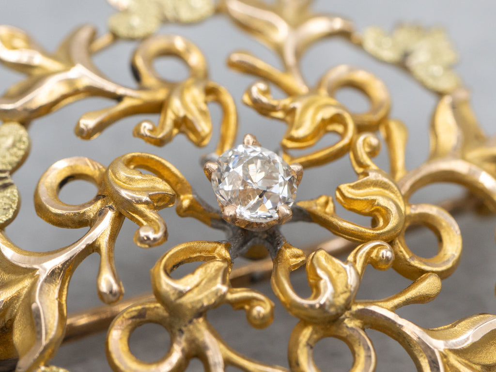 Art Nouveau Old Mine Cut Diamond Yellow and Green Gold Wreath Pin