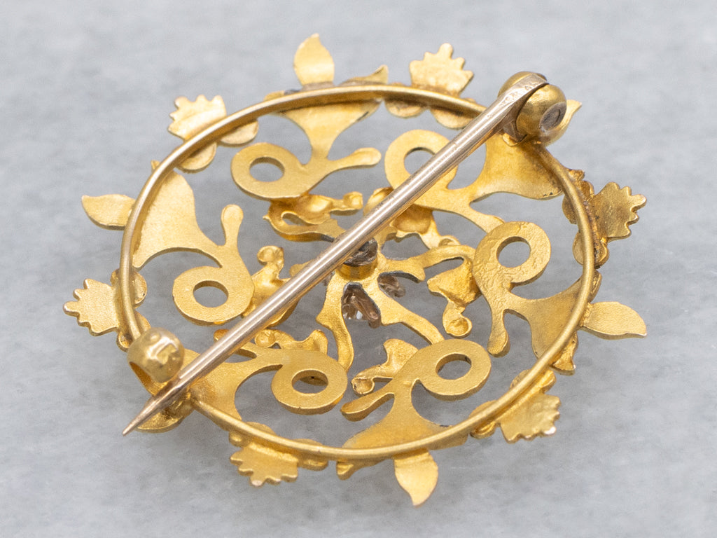 Art Nouveau Old Mine Cut Diamond Yellow and Green Gold Wreath Pin