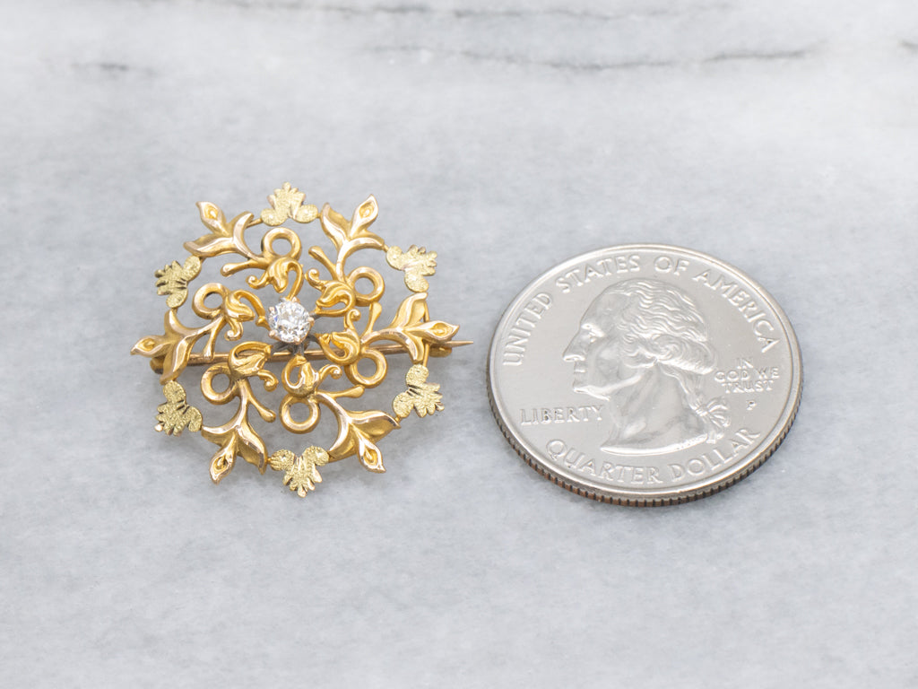 Art Nouveau Old Mine Cut Diamond Yellow and Green Gold Wreath Pin
