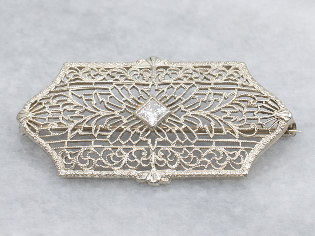 Antique White Gold Diamond Filigree Brooch