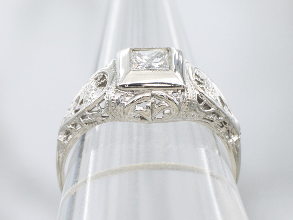 White Gold Floral Filigree Antique Princess Cut Diamond Engagement Ring