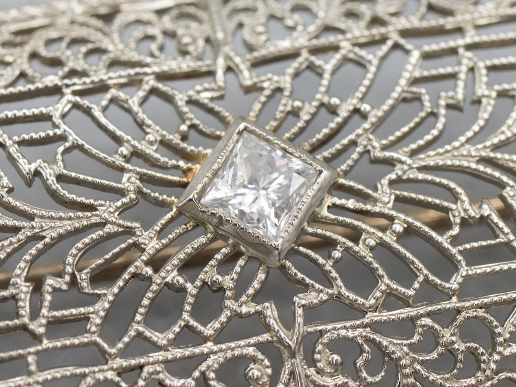Antique White Gold Diamond Filigree Brooch