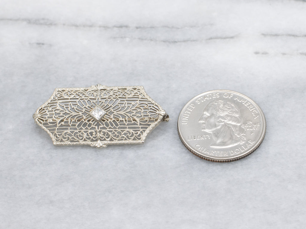 Antique White Gold Diamond Filigree Brooch
